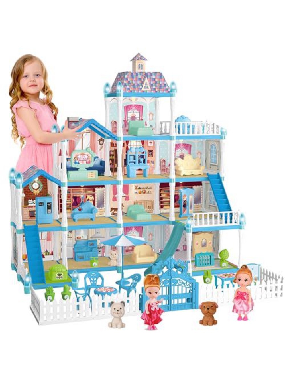 Blue & White 3-Story Dollhouse Playset with Furniture and Dolls